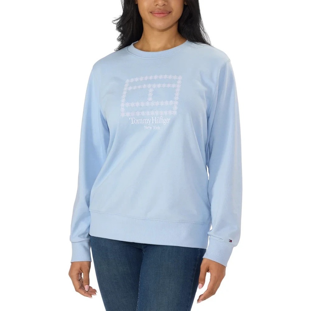 Tommy Hilfiger Crewneck Sweatshirt Women Logo Graphic, Breezy Blue, XL, New